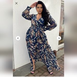 Fashion Nova Navy and Beige Floral Long Sleeve Dress